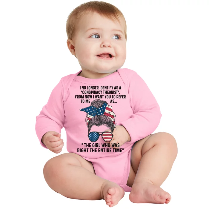 I No Longer Identify As A Conspiracy Theorist From Now I Baby Long Sleeve Bodysuit