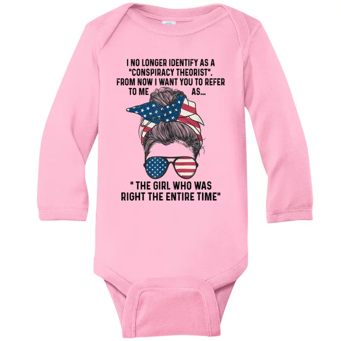 I No Longer Identify As A Conspiracy Theorist From Now I Baby Long Sleeve Bodysuit