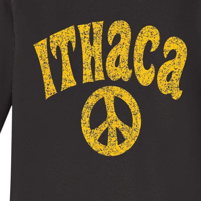 Ithaca NY New York Peace Distressed Amber Print Baby Long Sleeve Bodysuit