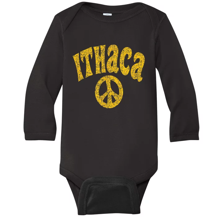 Ithaca NY New York Peace Distressed Amber Print Baby Long Sleeve Bodysuit