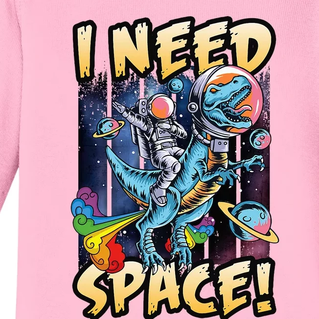 I Need Space Astronaut Riding A Blue Dinosaur In Space Baby Long Sleeve Bodysuit