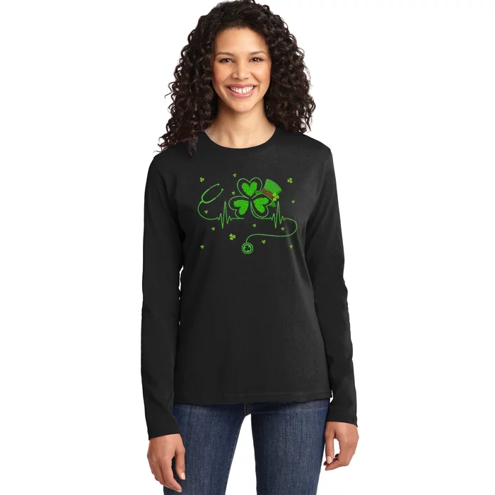 Irish Nurse St Patricks Day Shamrock Stethocsope Ladies Long Sleeve Shirt