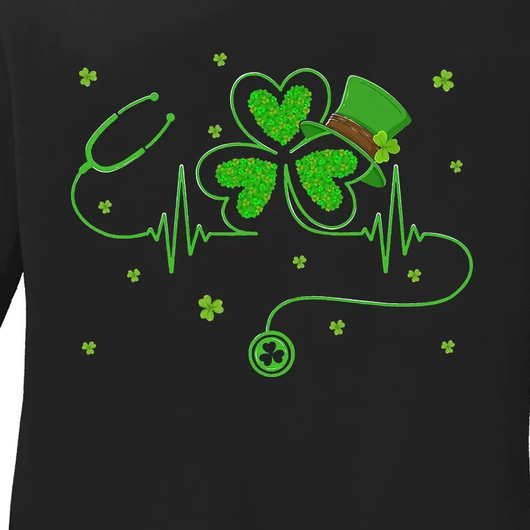 Irish Nurse St Patricks Day Shamrock Stethocsope Ladies Long Sleeve Shirt