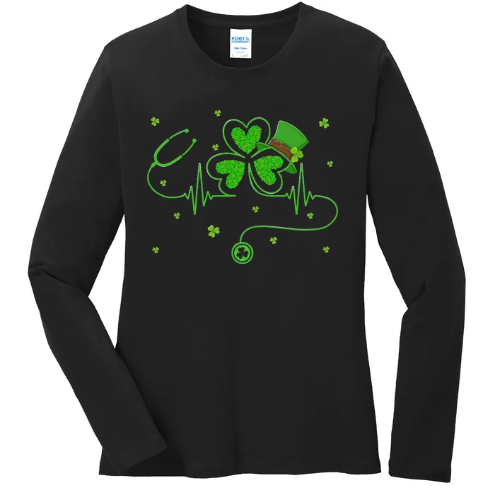 Irish Nurse St Patricks Day Shamrock Stethocsope Ladies Long Sleeve Shirt