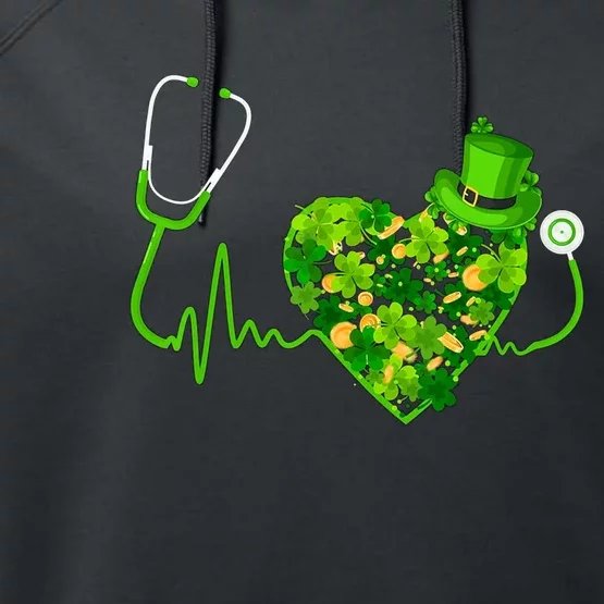 Irish Nurse Stethoscope Heartbeat Shamrock St Patricks Day Performance Fleece Hoodie