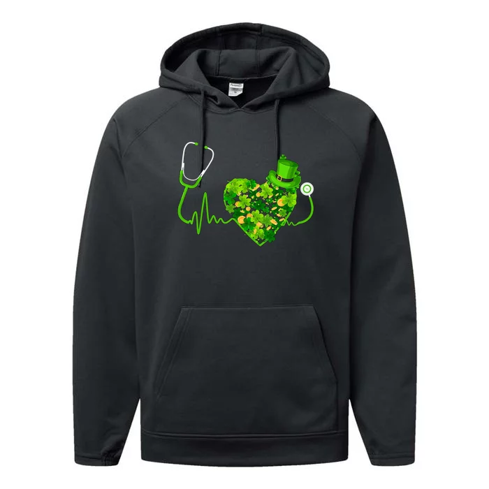 Irish Nurse Stethoscope Heartbeat Shamrock St Patricks Day Performance Fleece Hoodie