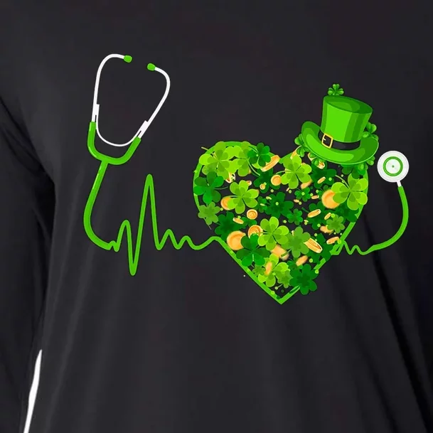 Irish Nurse Stethoscope Heartbeat Shamrock St Patricks Day Cooling Performance Long Sleeve Crew