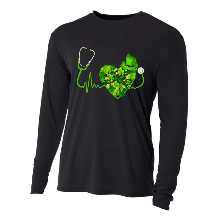 Irish Nurse Stethoscope Heartbeat Shamrock St Patricks Day Cooling Performance Long Sleeve Crew