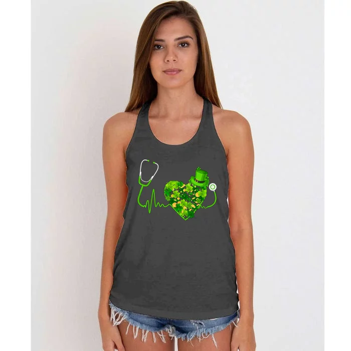 Irish Nurse Stethoscope Heartbeat Shamrock St Patricks Day Women's Knotted Racerback Tank