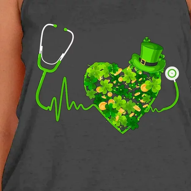 Irish Nurse Stethoscope Heartbeat Shamrock St Patricks Day Women's Knotted Racerback Tank