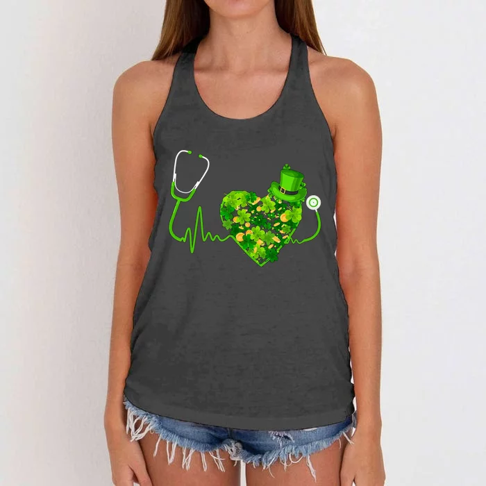 Irish Nurse Stethoscope Heartbeat Shamrock St Patricks Day Women's Knotted Racerback Tank