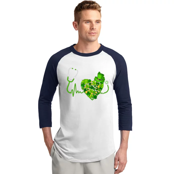 Irish Nurse Stethoscope Heartbeat Shamrock St Patricks Day Baseball Sleeve Shirt