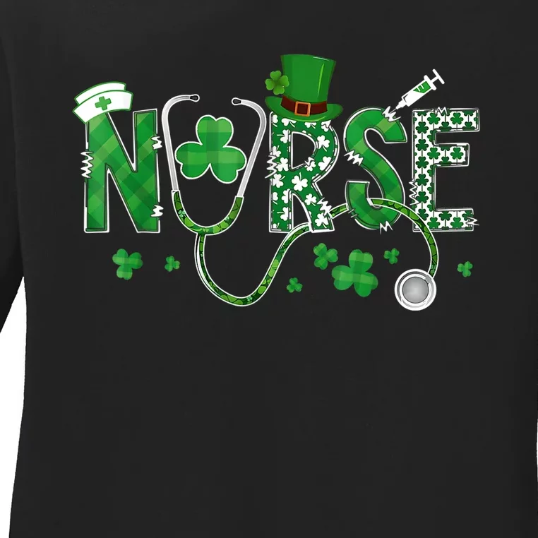 Irish Nurse St Patricks Day Shamrock Stethocsope Wo Girls Ladies Long Sleeve Shirt