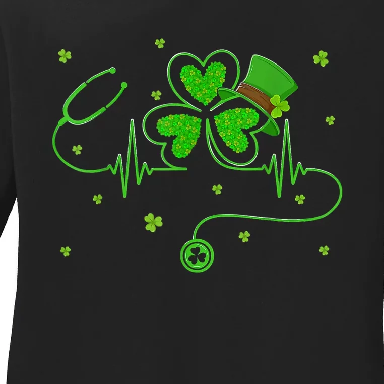 Irish Nurse St Patricks Day Shamrock Stethocsope Ladies Long Sleeve Shirt