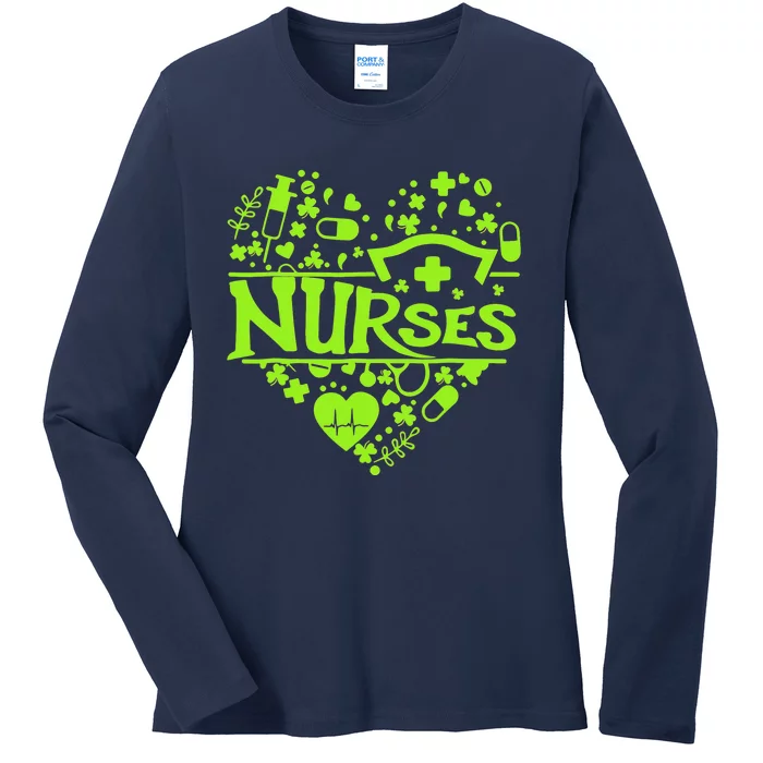 Irish Nurse Shamrock St Patricks Day Ladies Long Sleeve Shirt