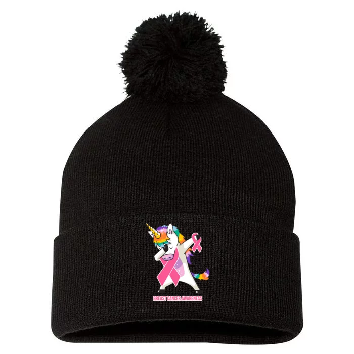 inspirational Breast Cancer Awareness Unicorn Pom Pom 12in Knit Beanie