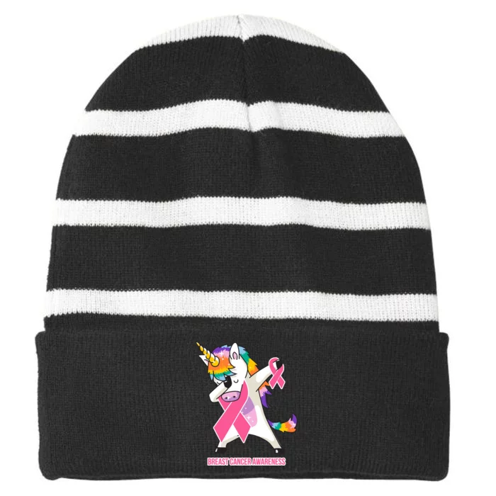 inspirational Breast Cancer Awareness Unicorn Striped Beanie with Solid Band