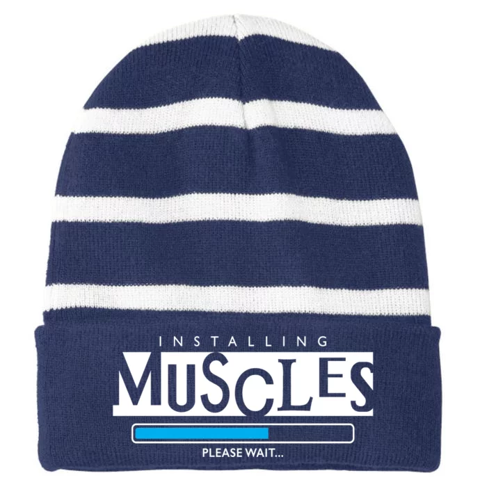 Installing Muscles Please Wait Funny Workout Striped Beanie with Solid Band