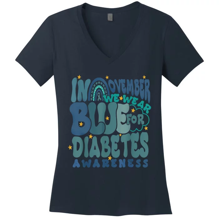 In November We Wear Blue Ribbon Type 1 Diabetes Awareness Women's V-Neck T-Shirt