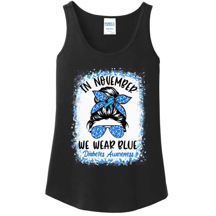 In November We Wear Blue Messy Bun Diabetes Awareness Ladies Essential Tank