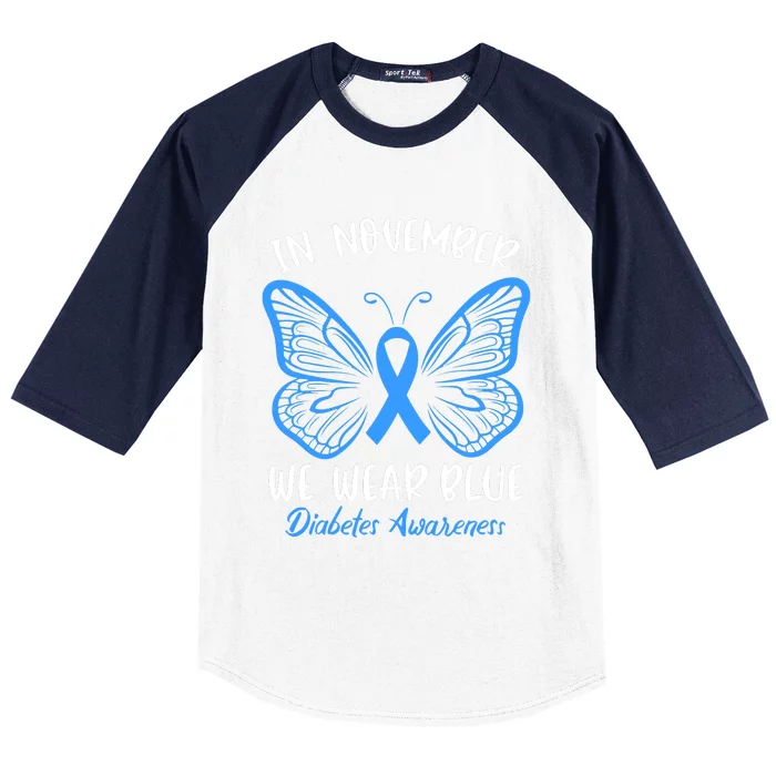 In November We Wear Blue Diabetes Awareness Cute Butterfly Baseball Sleeve Shirt