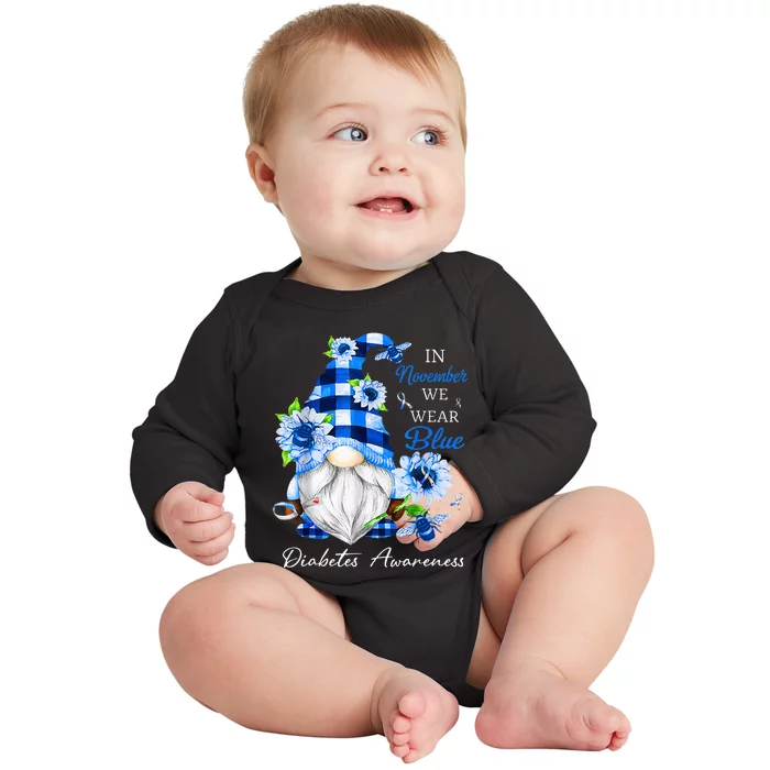 In November We Wear Blue Gnome Diabetes Awareness Baby Long Sleeve Bodysuit