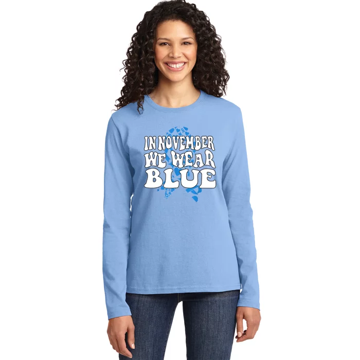 In November We Wear Blue Ribbon Diabetes Awareness Ladies Long Sleeve Shirt