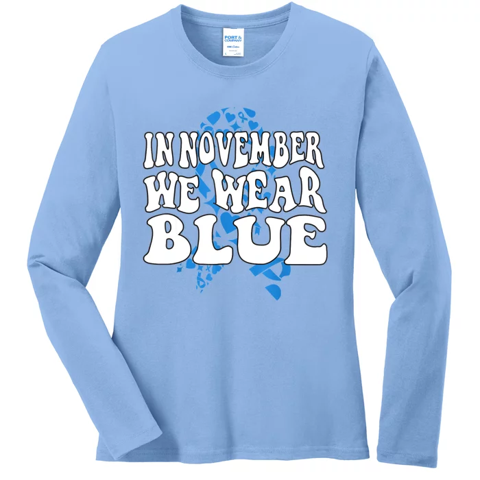 In November We Wear Blue Ribbon Diabetes Awareness Ladies Long Sleeve Shirt