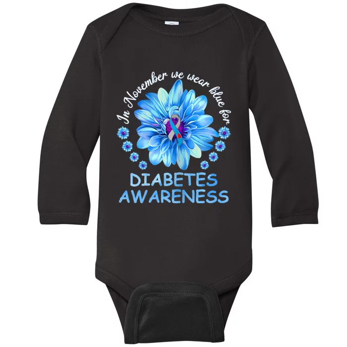 In November We Wear Blue Sunflower Diabetes Awareness Month Baby Long Sleeve Bodysuit