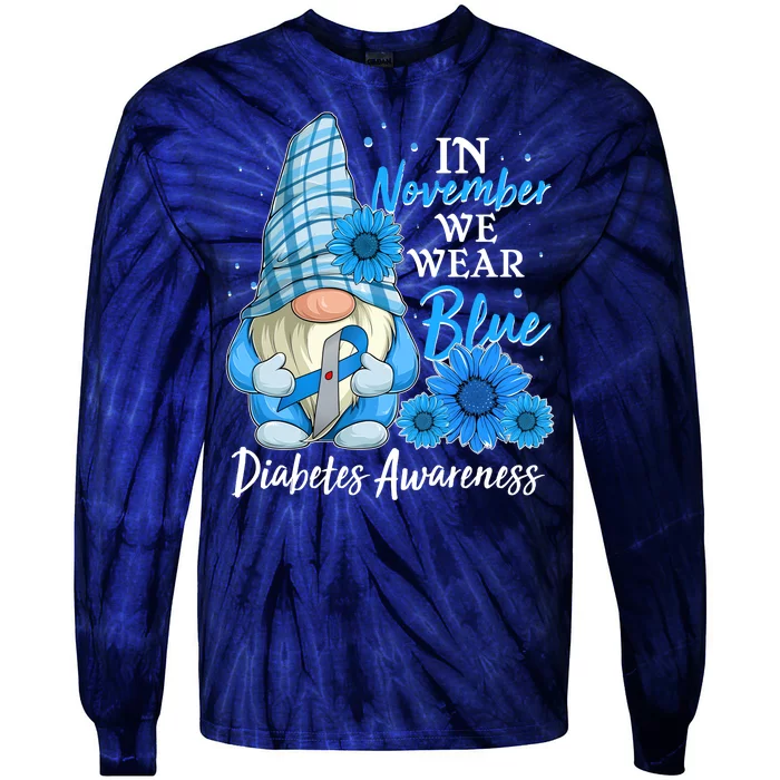 In November We Wear Blue Diabetes Awareness Blue Gnome Tie-Dye Long Sleeve Shirt