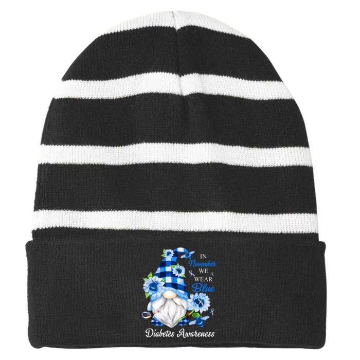 In November We Wear Blue Gnomes Diabetes Awareness Striped Beanie with Solid Band