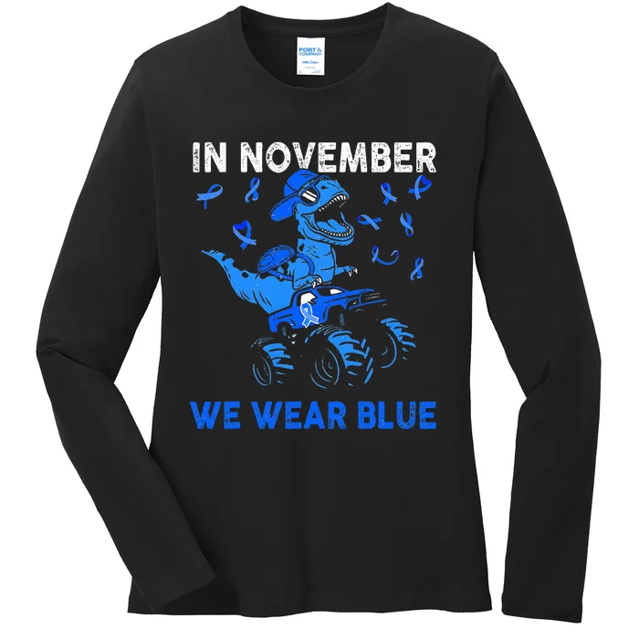 In November We Wear Blue Ribbon Diabetes Awareness Ladies Long Sleeve Shirt