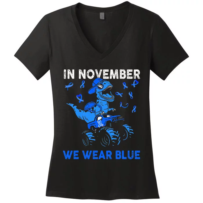 In November We Wear Blue Ribbon Diabetes Awareness Women's V-Neck T-Shirt