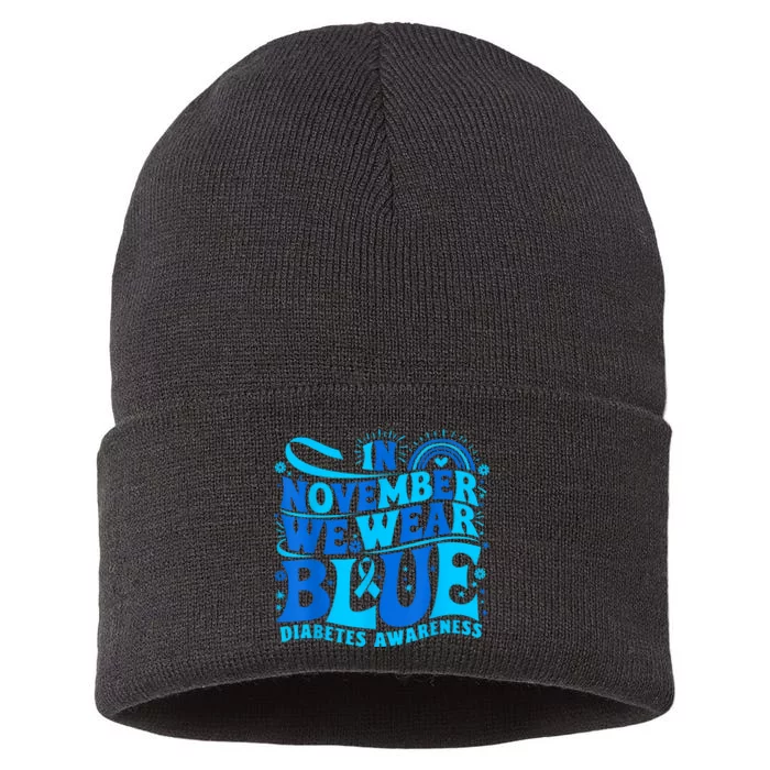 In November We Wear Ribbon Blue Diabetes Awareness Sustainable Knit Beanie