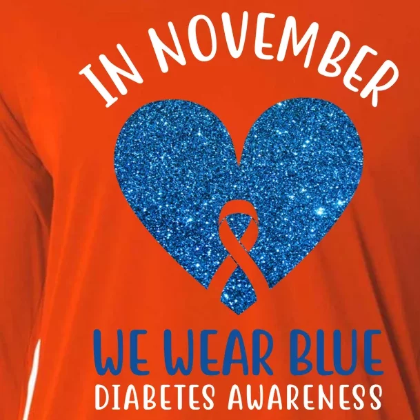 In November We Wear Blue Diabetes Awareness Heart Ribbon Cooling Performance Long Sleeve Crew