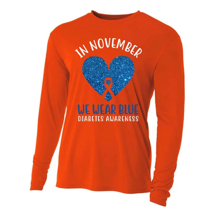 In November We Wear Blue Diabetes Awareness Heart Ribbon Cooling Performance Long Sleeve Crew