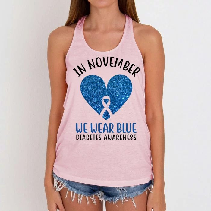 In November We Wear Blue Diabetes Awareness Heart Ribbon Women's Knotted Racerback Tank