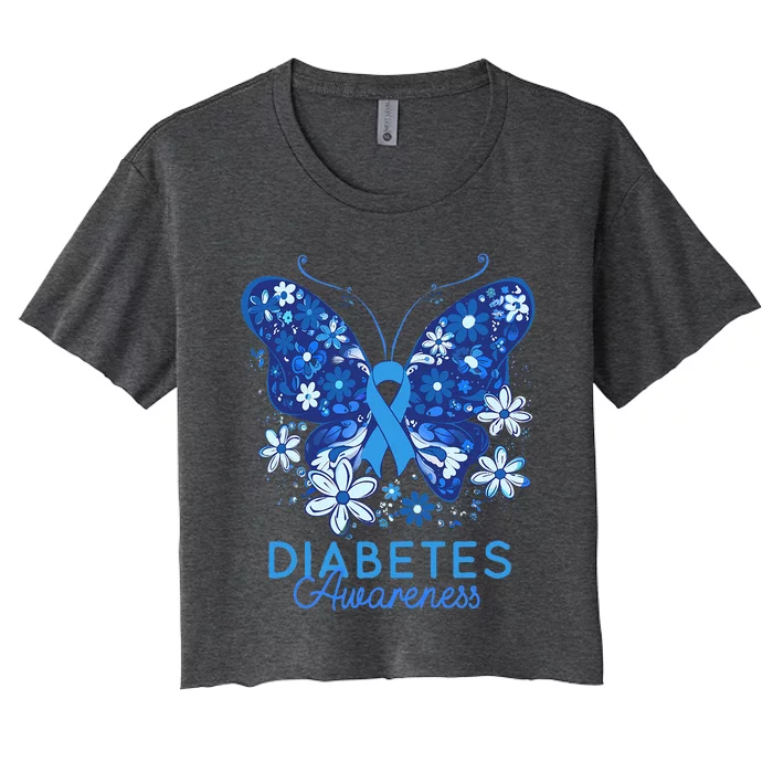 In November We Wear Blue Ribbon Butterfly Diabetes Awareness Women's Crop Top Tee