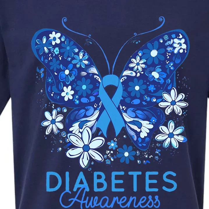 In November We Wear Blue Ribbon Butterfly Diabetes Awareness Sueded Cloud Jersey T-Shirt