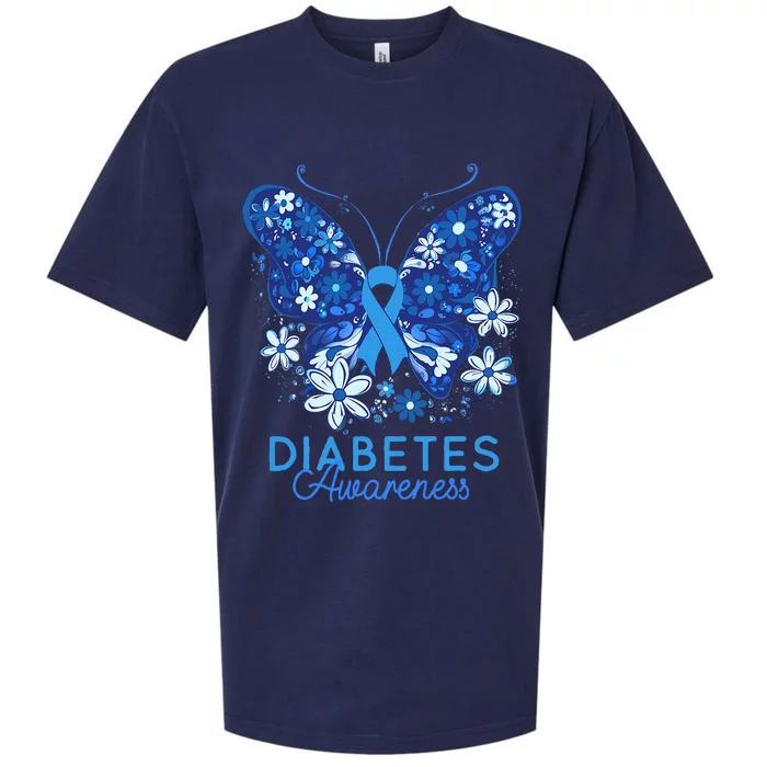 In November We Wear Blue Ribbon Butterfly Diabetes Awareness Sueded Cloud Jersey T-Shirt