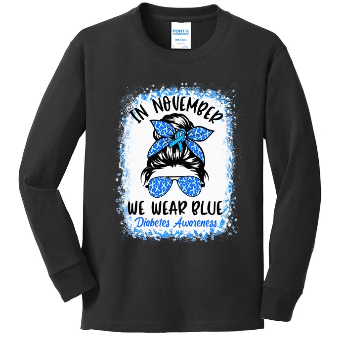 In November We Wear Blue Messy Bun Diabetes Awareness Kids Long Sleeve Shirt