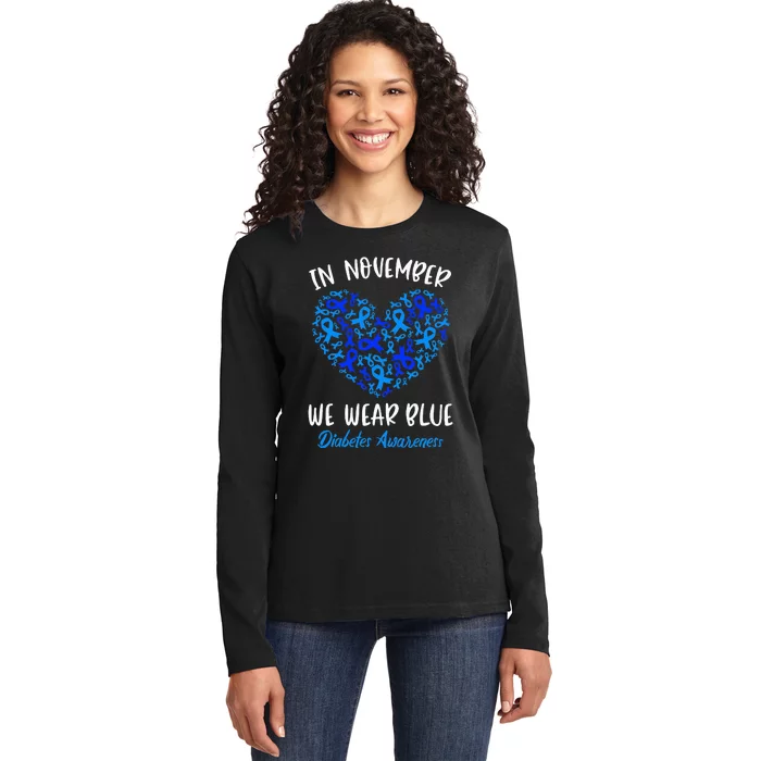 In November we Wear Blue Cure Diabetes Awareness Love Heart Ladies Long Sleeve Shirt