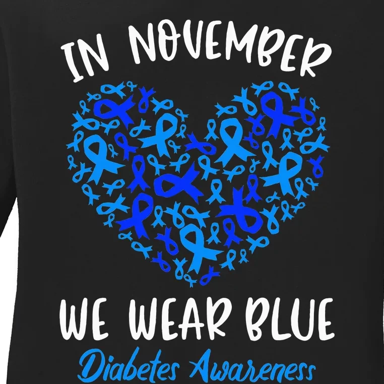 In November we Wear Blue Cure Diabetes Awareness Love Heart Ladies Long Sleeve Shirt