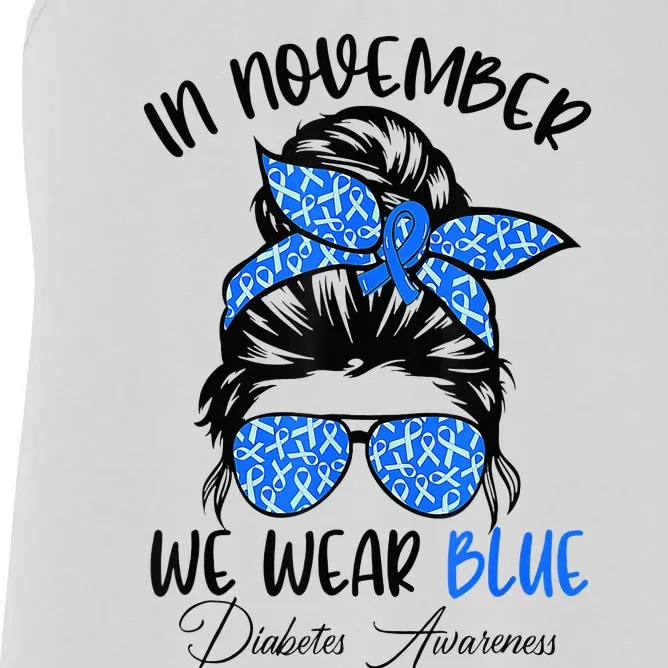 In November We Wear Blue Messy Bun Diabetes Awareness Women's Racerback Tank