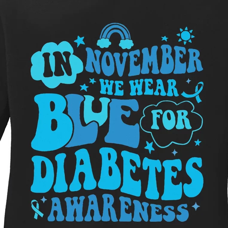 In November We Wear Blue Rainbow Ribbon Diabetes Awareness Ladies Long Sleeve Shirt