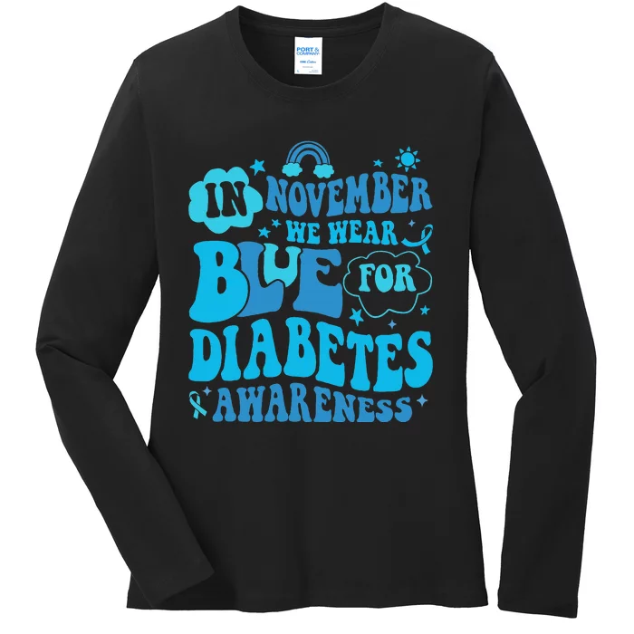 In November We Wear Blue Rainbow Ribbon Diabetes Awareness Ladies Long Sleeve Shirt