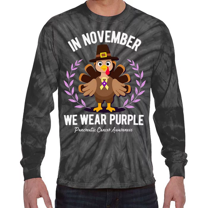 In November We Wear Purple Pancreatic Cancer Turkey Tie-Dye Long Sleeve Shirt