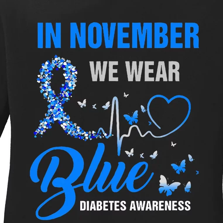 In November We Wear Blue Heartbeat Diabetes Awareness Ladies Long Sleeve Shirt