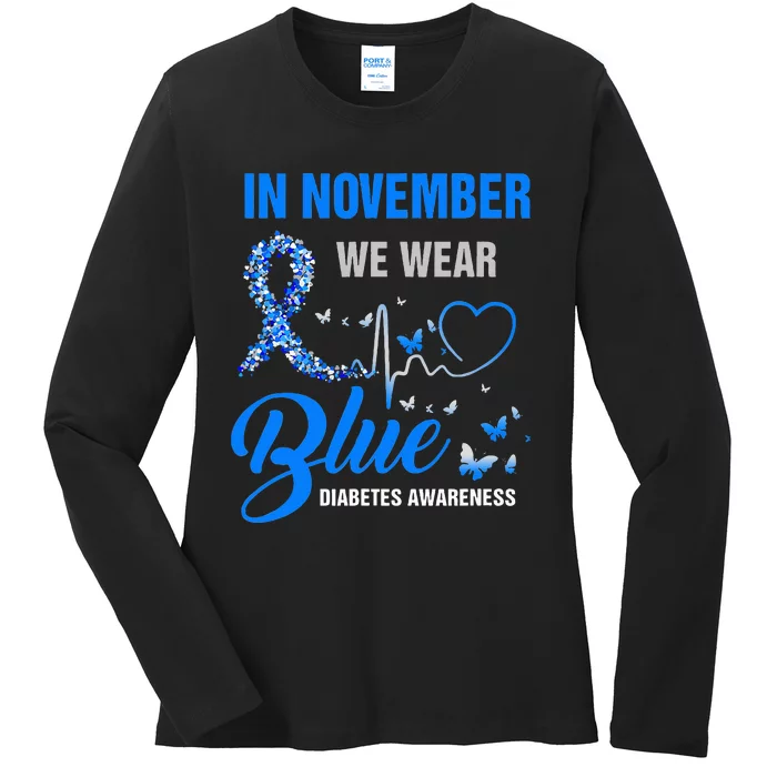 In November We Wear Blue Heartbeat Diabetes Awareness Ladies Long Sleeve Shirt