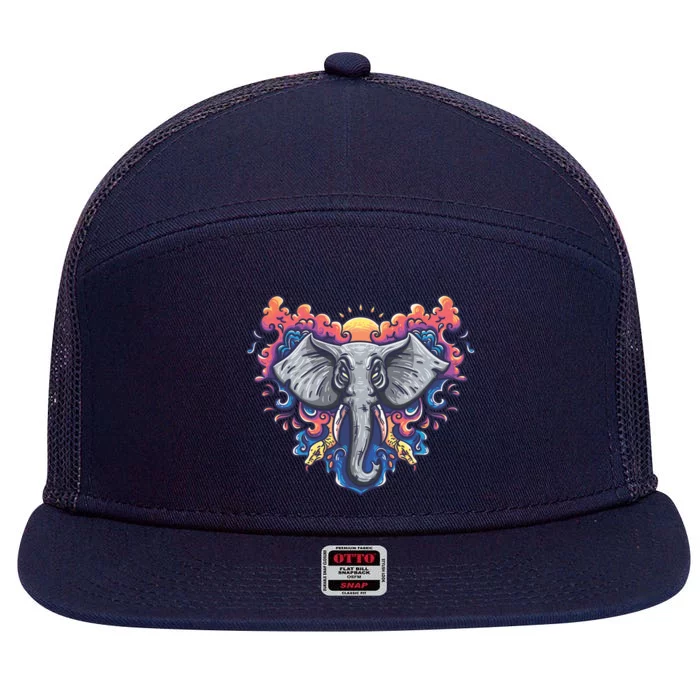 Illustration Of An Elephant Sunrise 7 Panel Mesh Trucker Snapback Hat